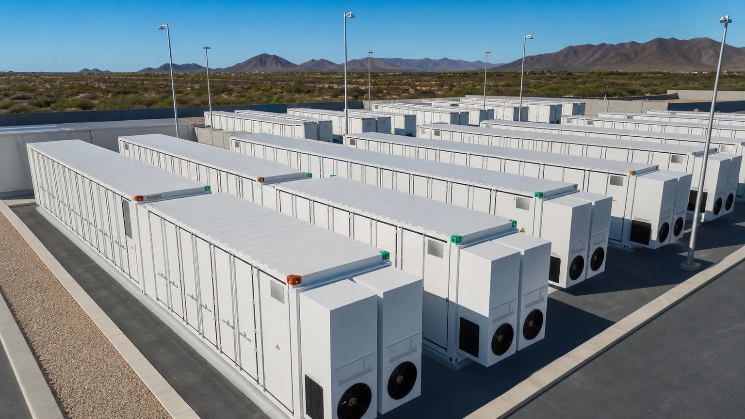 Rijen batterijcontainers op een volledig verhard terrein, gezien vanaf hoogte
