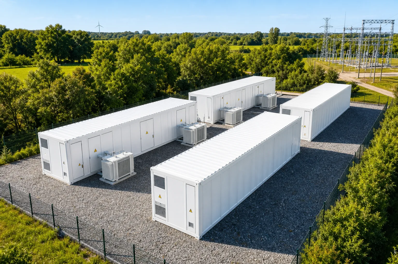 Batterijcontainers met koelunits op een omheind terrein, met een hoogspanningsstation op de achtergrond