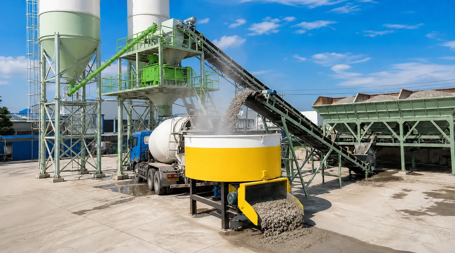 Betonmixer wordt gevuld onder de menginstallatie van een betoncentrale met silo's en een transportband