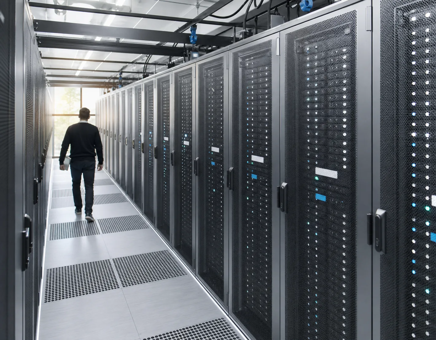 Serverruimte met twee rijen racks langs een koudegang en een monteur in het middenpad