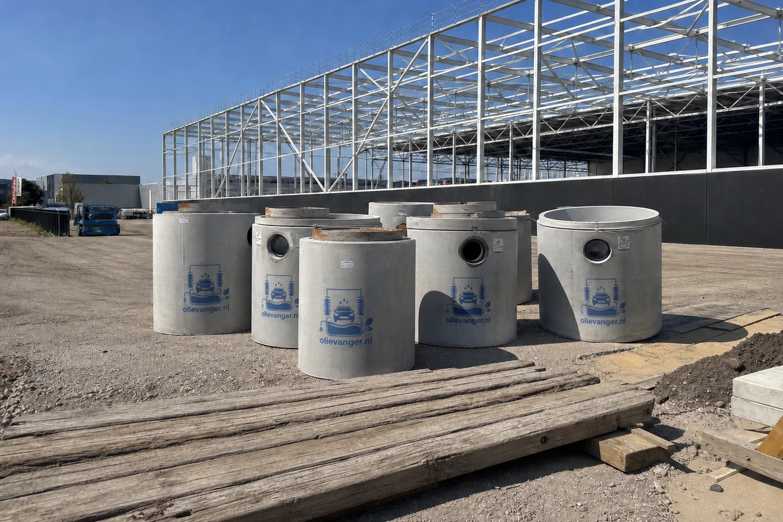 Betonnen olieafscheiders klaargezet op een bouwterrein voor levering
