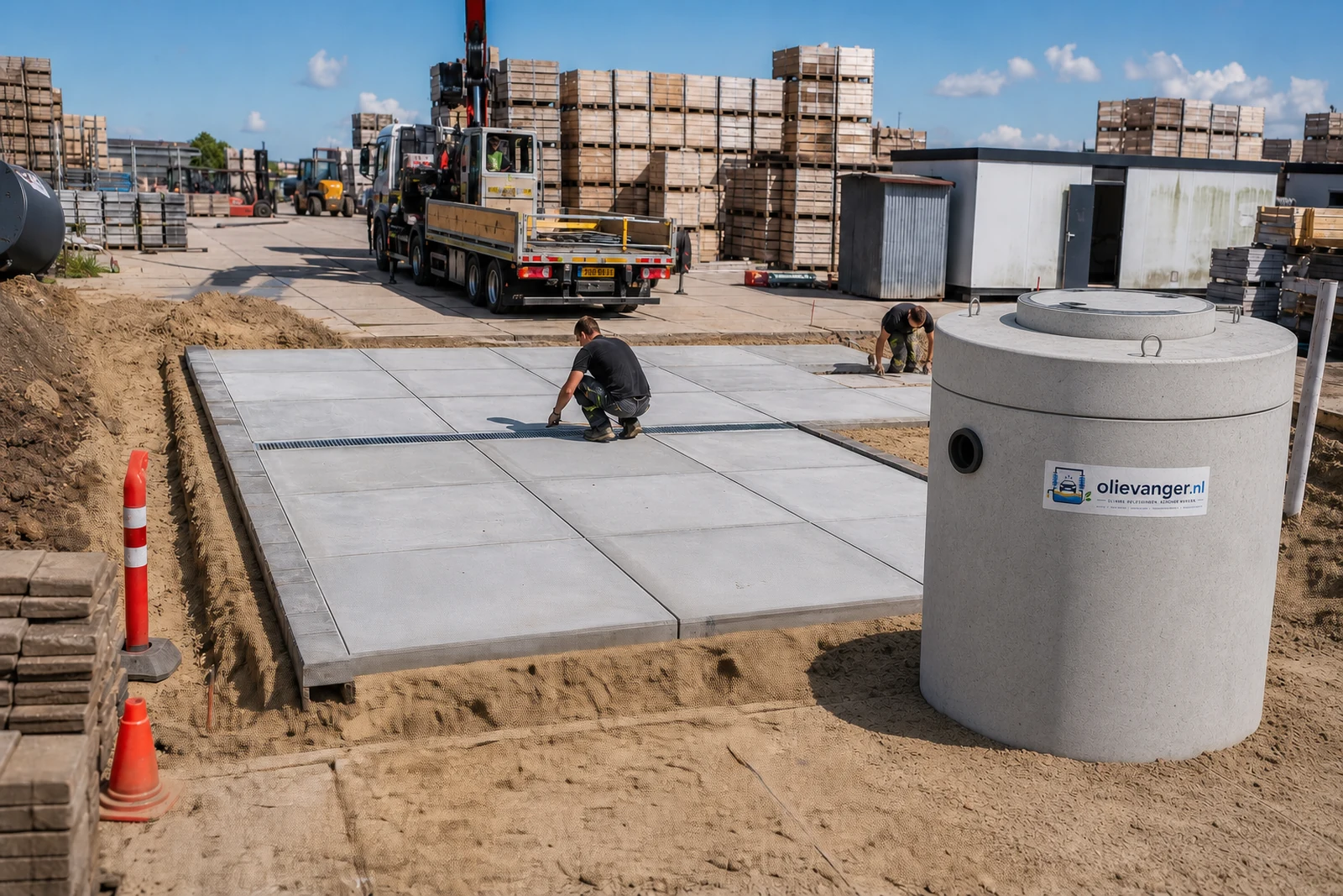 Betonnen olieafscheider naast een pas gelegde vloeistofdichte vloer op een bouwterrein