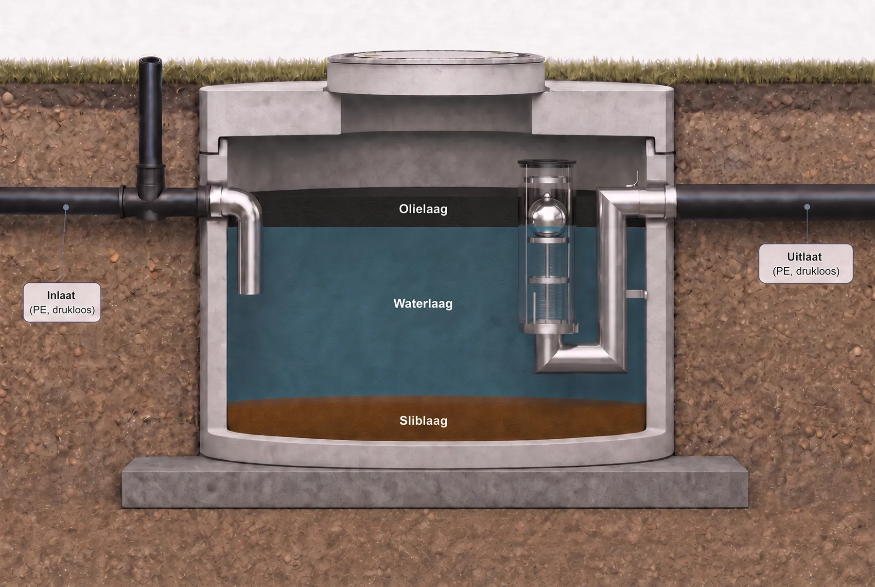 Ondergrondse doorsnede van een olieafscheider: links de inlaat, bovenin de olielaag die op het water drijft, daaronder de waterlaag, onderin de bezonken sliblaag, en rechts het roestvaststalen coalescentie-inzetstuk met vlotter dat naar de uitlaat leidt.
