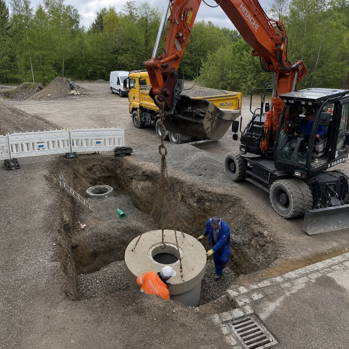 Plaatsing van een olieafscheider op een bouwterrein: een graafmachine laat een betonnen afscheider in de ontgraving zakken
