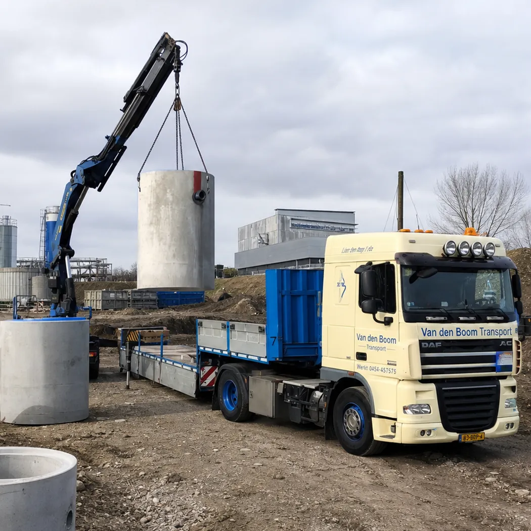 Levering van een olieafscheider: een autolaadkraan hijst een betonnen afscheider van een transportwagen