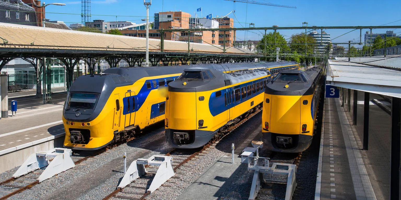 Drie treinstellen naast elkaar op opstelsporen langs een perron