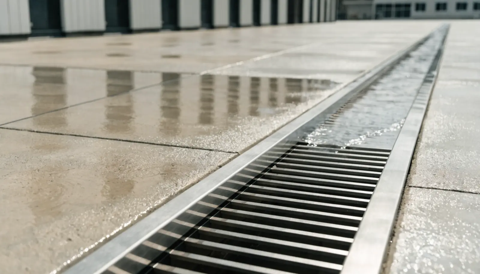 Afwateringsgoot in verhard terrein leidt water naar de slibvangput en olieafscheider