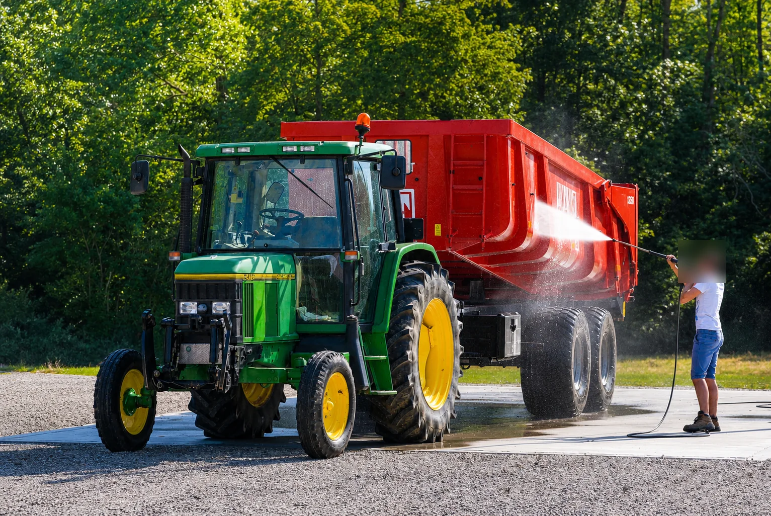 Tractor met kipper wordt met een hogedrukreiniger afgespoten op een betonnen wasplaats