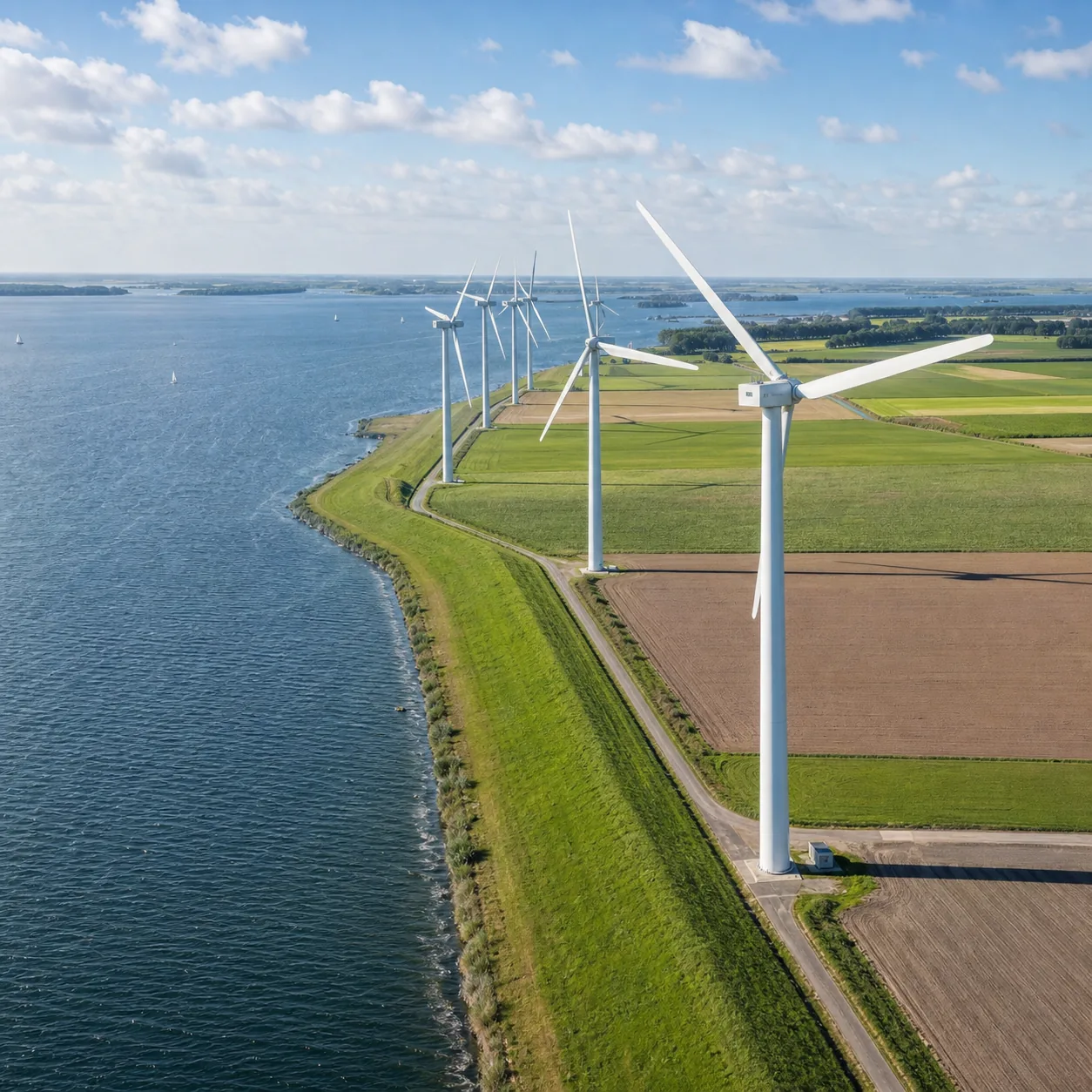 Rij windturbines langs een dijk met open water aan de ene en akkers aan de andere kant