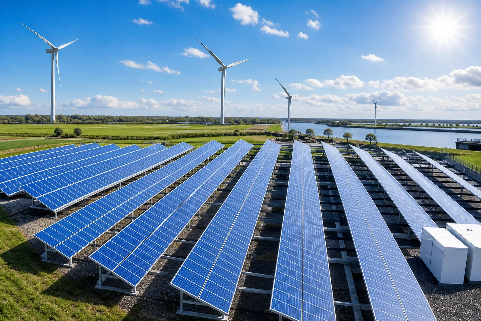 Paneelveld met op de achtergrond windturbines en een compacte behuizing tussen de rijen